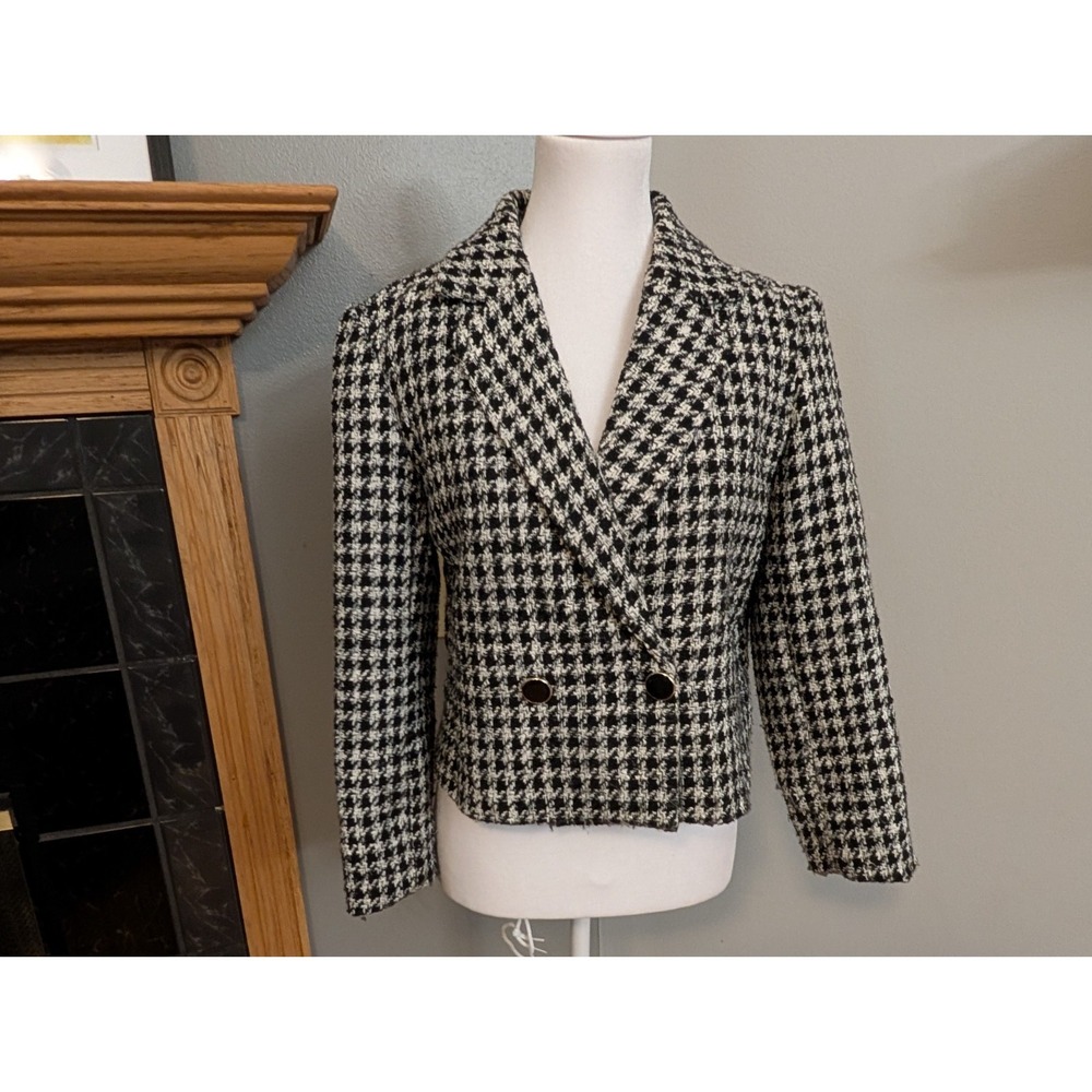 Madison d'Amelie Cropped Houndstooth Double Breasted Blazer Black‎ White Size 8